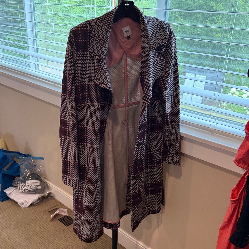 CAbi Plaid Trench Coat - maroon, White, Pink